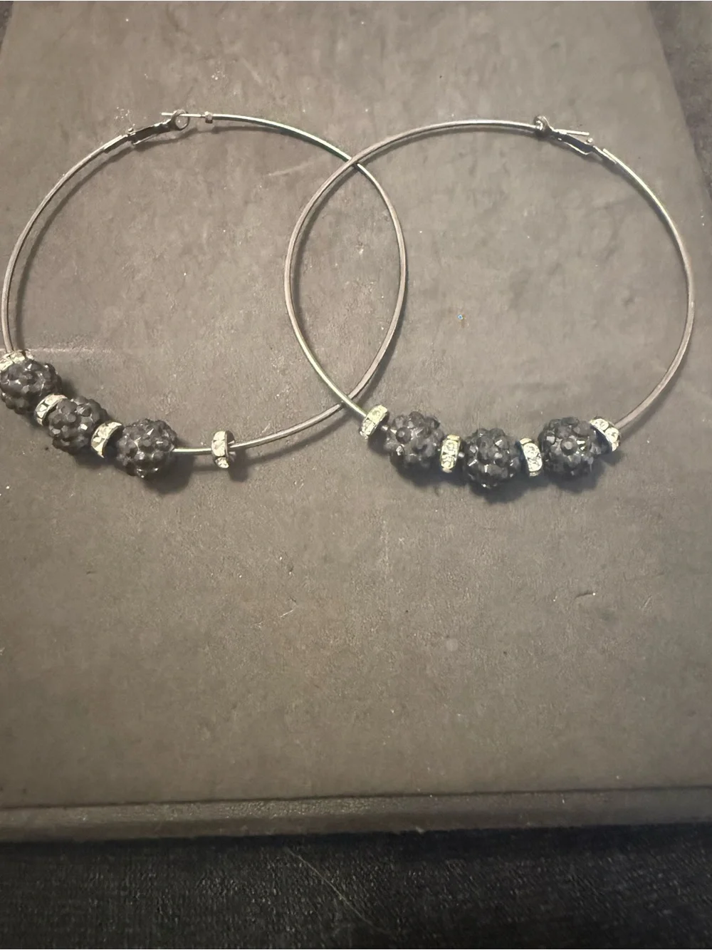 Gunmetal  Hoop Earrings with Black Crystal Beads